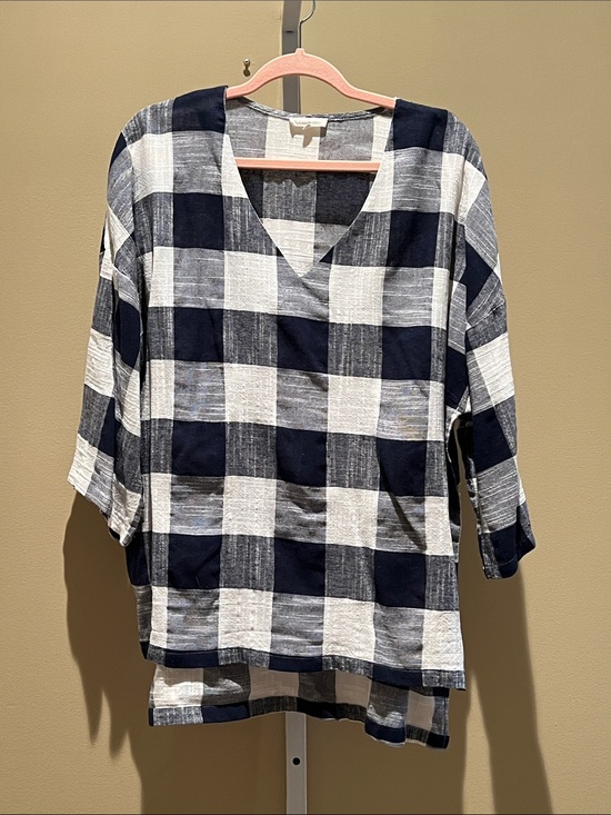 Cotton Bleu Tops - V-Neck Navy and White Check Tunic Top